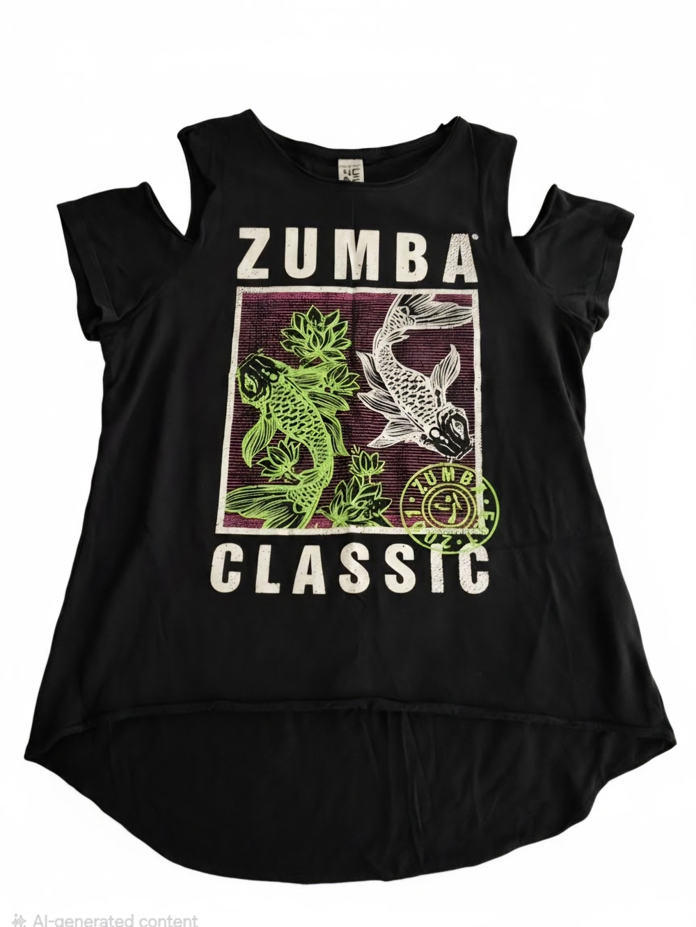 Zumba Fitness Black Tee with Neon Green & Purple Koi Graphic